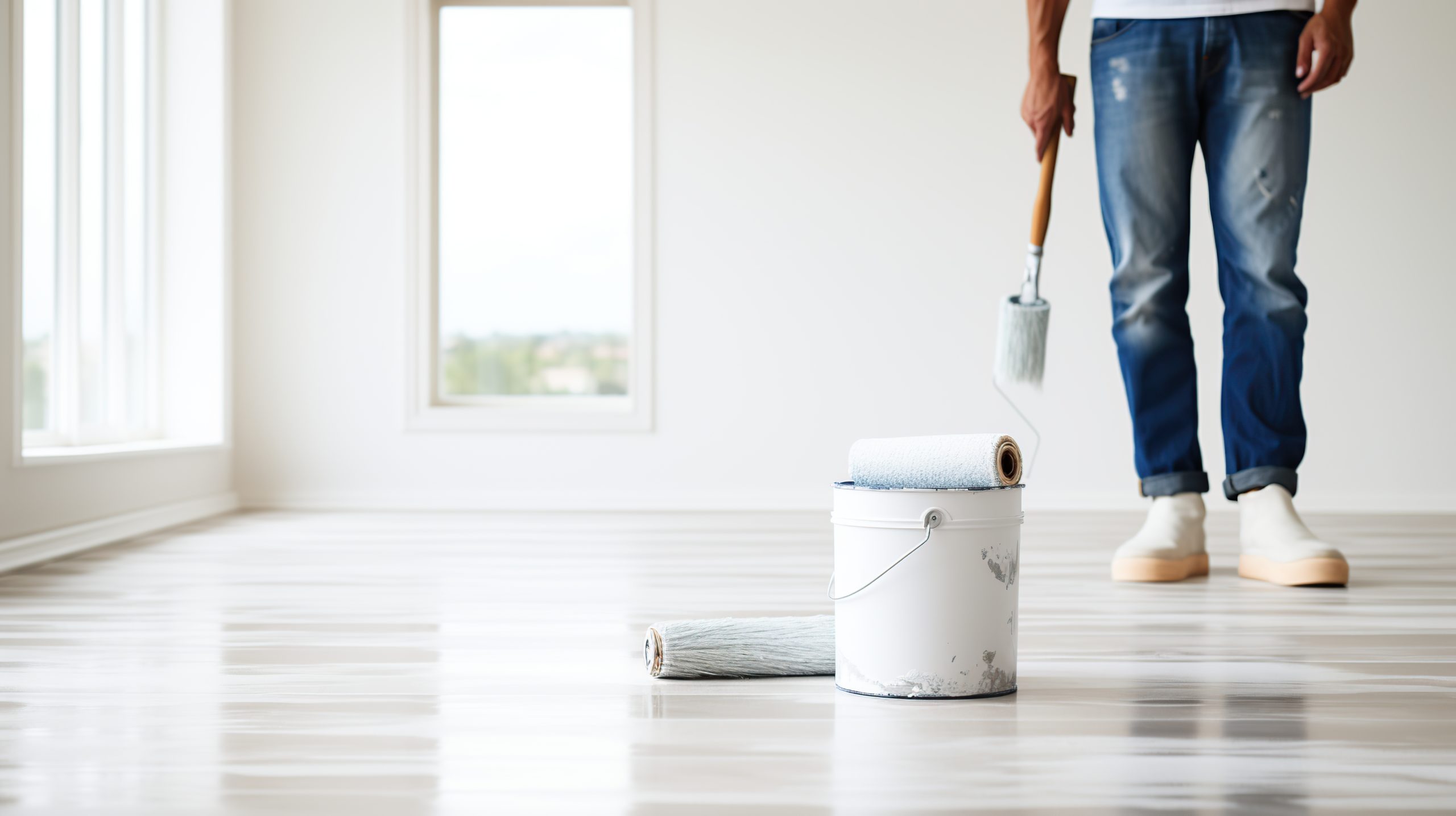 a man looking at blank wall, with paint roller and bucket, isolated in white room Une fois l'appartement rendu propre et neuf, il n'y a plus qu'à trouver un locataire